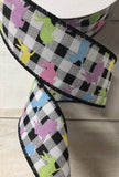 Jascotina Easter 1.5 or 2.5 inch Black & White Check Linen Ribbon with Colorful Pastel Glitter Bunnies - 10 Yards