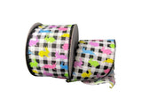 Jascotina Easter 2.5 1.5 or 2.5 inch Black & White Check Linen Ribbon with Colorful Pastel Glitter Bunnies - 10 Yards