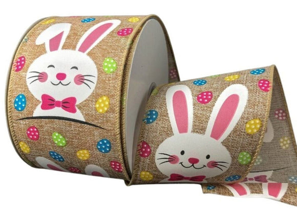 Easter 2.5 inch Natural Linen Ribbon with Happy Bunnies and Colorful Easter Eggs - 10 Yards