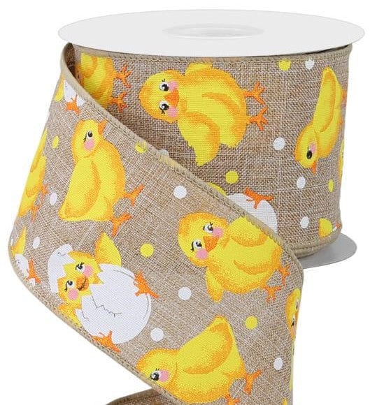 Wired Easter Ribbon - 2.5 inch Natural Linen Ribbon with Yellow Baby C ...