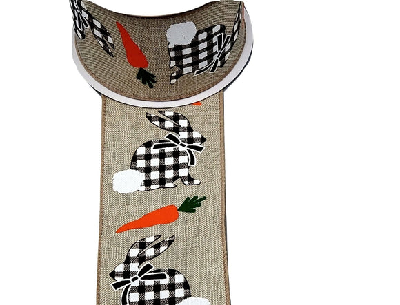 Jascotina Easter Wired Easter Ribbon - 2.5 inch Natural Ribbon with Black & White Check Bunnies with Carrots - 10 Yards