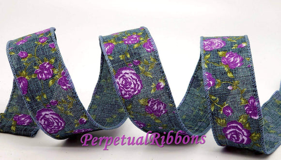 Jascotina Floral 1.5 1.5 or 2.5 inch Denim Canvas Ribbon with Purple & Lavender Roses - 10 Yards