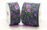 Jascotina Floral 1.5 or 2.5 inch Denim Canvas Ribbon with Purple & Lavender Roses - 10 Yards