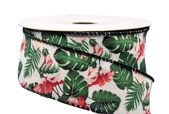 Jascotina Floral 10 Yards - 1.5 inch Ivory Linen Wired Ribbon with Fuchsia & Pink Hibiscus Flowers with Large Green Leaves