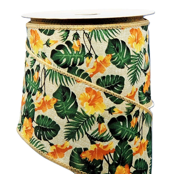 Jascotina Floral 10 Yards - 2.5 inch Printed on Natural Linen Ribbon with Yellow & Orange Hibiscus Flowers with Large Green Leaves