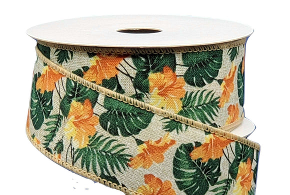 Jascotina Floral 10 Yards - Yellow & Orange Hibiscus Flowers with Large Green Leaves on 1.5