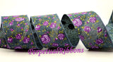 Jascotina Floral 2.5 1.5 or 2.5 inch Denim Canvas Ribbon with Purple & Lavender Roses - 10 Yards