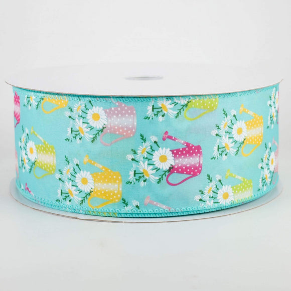 Jascotina Floral 2.5 inch Aqua Satin Ribbon with Various Colored Daisy Watering Cans - 5 yards NEW LOW PRICE