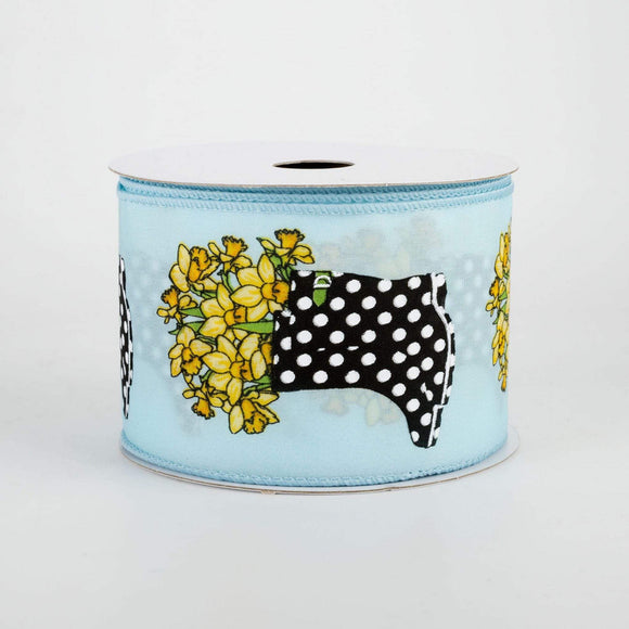 Jascotina Floral 2.5 inch Light Blue Satin Ribbon with Yellow Daffodils in a Black Rain Boot with White Dots - 10 Yards