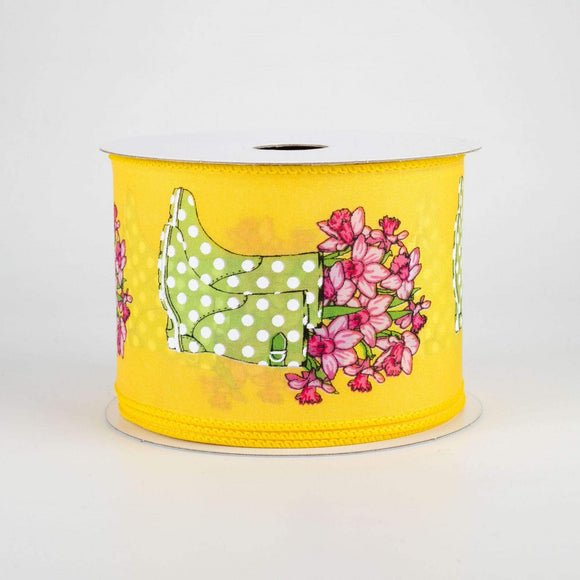 Jascotina Floral 2.5 inch Yellow Satin Ribbon with Pink Daffodils in a Lime Green Rain Boot with White Dots - 10 Yards