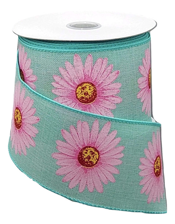 Jascotina Floral Wired Spring Ribbon - 2.5 inch Aqua Canvas Ribbon with Pink Daisies - 10 Yards
