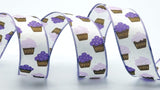 Jascotina Food 1.5 1.5 or 2.5 inch White Satin Ribbon with Purple & Lavender Cupcakes - 10 Yards