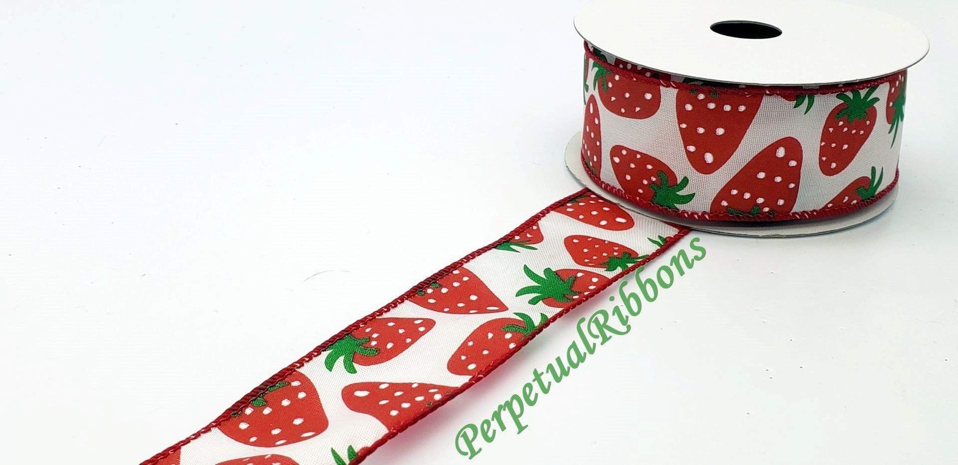 1.5 inch by 10 Yard White Satin with Strawberries Ribbon