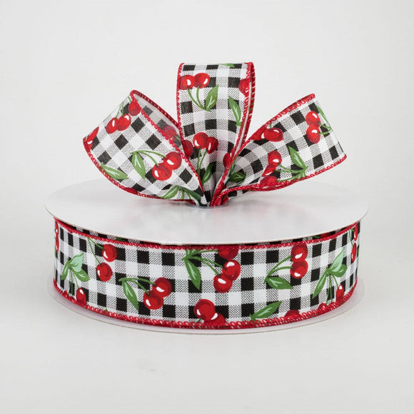 Jascotina Food 1.5 inch Black & White Gingham Ribbon with Cherries and Green Leaves - Wired Canvas Summer Ribbon - 50 Yards
