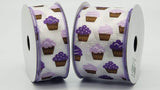 Jascotina Food 1.5 or 2.5 inch White Satin Ribbon with Purple & Lavender Cupcakes - 10 Yards