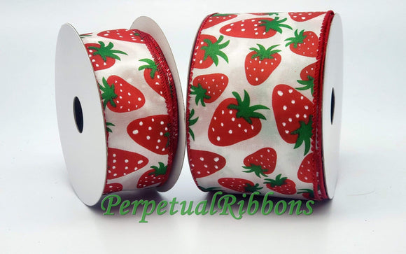 Jascotina Food 1.5 or 2.5 inch White Satin Ribbon with Yummy Red Strawberries - 10 Yards