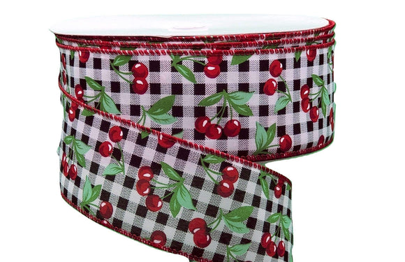 Jascotina Food 2.5 inch Black & White Gingham Ribbon with Cherries and Green Leaves - Wired Canvas Summer Ribbon - 5 Yards