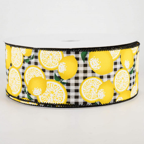 Jascotina Food 2.5 inch Black & White Gingham Ribbon with Lemons and Green Leaves - Wired Canvas Summer Ribbon - 5 Yards