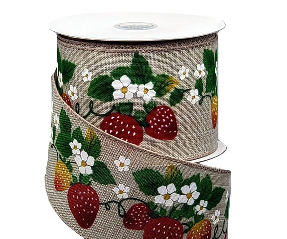 Jascotina Food Wired Strawberry Ribbon - 2.5 inch Natural Canvas Ribbon with Bright Red Strawberries, Green Leaves & White Flowers - 10 Yards