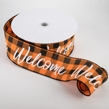 Jascotina Halloween Copy of 10 Yards - 2.5" Orange & Black Buffalo Check Ribbon with "Welcome" written in White Script - Wired Halloween Ribbon
