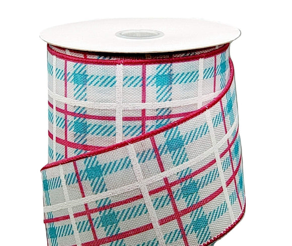 Jascotina Plaid Wired Spring / Easter Plaid Ribbon - 2.5 inch White Linen Ribbon with Turquoise, Fuchsia & White Iridescent Plaid Design - 10 Yards