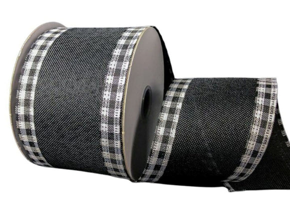 Jascotina Solids 2.5 inch Black Canvas Ribbon with Black & White Gingham Edges - 10 Yards