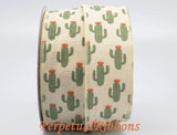 Jascotina Spring 1.5 1.5 inch or 2.5 inch Sand Canvas Ribbon with Sage Green Cactus - 10 Yards