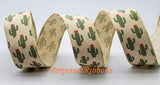 Jascotina Spring 1.5 inch or 2.5 inch Sand Canvas Ribbon with Sage Green Cactus - 10 Yards