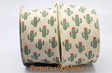 Jascotina Spring 2.5 1.5 inch or 2.5 inch Sand Canvas Ribbon with Sage Green Cactus - 10 Yards