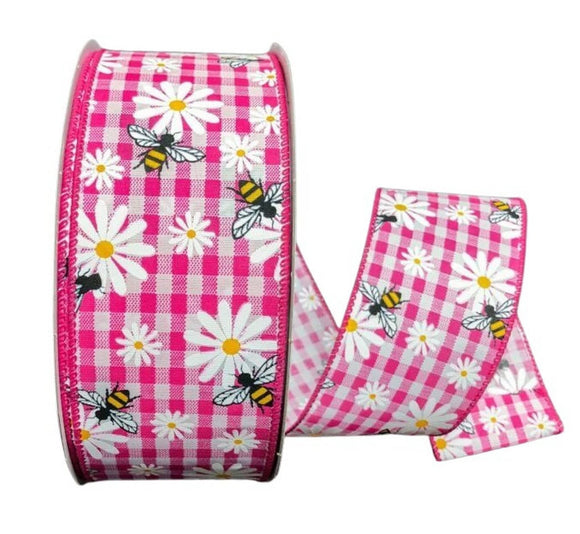 Jascotina Spring 2.5 inch Hot Pink & White Gingham Ribbon with Daisies & Bumble Bees - 5 yards