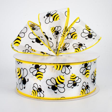 Jascotina Spring 50 Yards Wired Summer Ribbon - 2.5 inch White Satin Ribbon with Bumble Bees