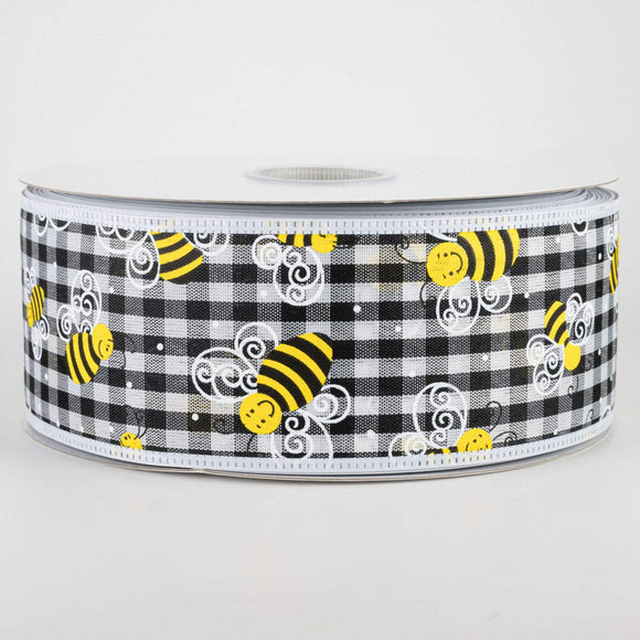Jascotina Spring Wired Summer Ribbon - 2.5 inch Black & White Gingham Ribbon with Bumble Bees - 5 yards