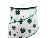 Jascotina St. Patrick's Day Wired St Patricks Ribbon - 2.5 inch White Linen Ribbon with Dark Green Glitter and White Iridescent Shamrocks - 10 Yards