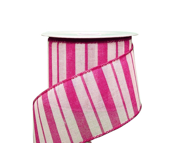 Jascotina Stripes 10 Yards - 2.5 inch Fuchia & Ivory Horizontal Varied Stripe Ribbon - Wired Canvas Ribbon