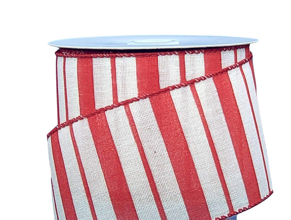 Jascotina Stripes 10 Yards - 2.5 inch Red & Ivory Horizontal Varied Stripe Ribbon - Wired Canvas Ribbon
