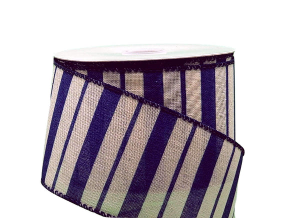 Jascotina Stripes 10 Yards - 2.5 inch Royal Blue & Ivory Horizontal Varied Stripe Ribbon - Wired Canvas Ribbon
