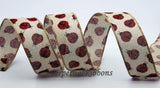 Jascotina Summer 1.5 1.5 or 2.5 inch Tan Linen Ribbon with Red & Black Ladybugs - 10 Yards