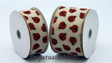 Jascotina Summer 1.5 or 2.5 inch Tan Linen Ribbon with Red & Black Ladybugs - 10 Yards