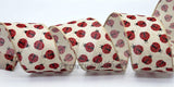Jascotina Summer 2.5 1.5 or 2.5 inch Tan Linen Ribbon with Red & Black Ladybugs - 10 Yards