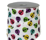 Jascotina Summer 2.5 1.5 or 2.5 inch White Linen Ribbon with Various Colored Ladybugs - 10 Yards