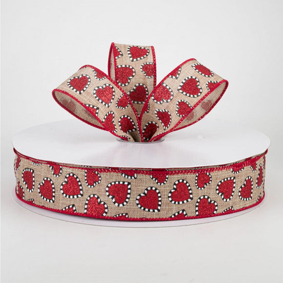 Jascotina Valentine's Day 1.5 inch Natural Canvas Ribbon with Red Glitter Hearts with a Black & White Edge - 50 Yards