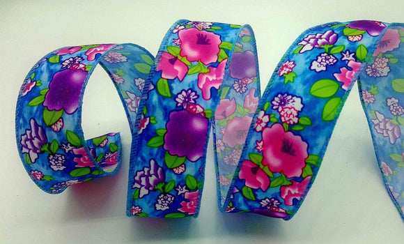 LionRibbons Floral 1.5 inch Blue Ribbon with Bright Pink & Purple Flowers - 5 Yards