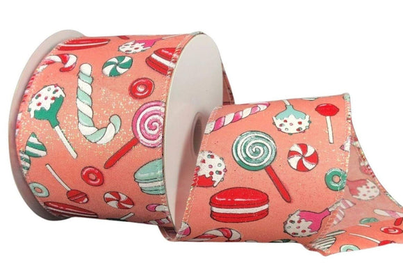 2.5 inch Wired Christmas Ribbon - Peach Satin Glitter Ribbon with Colorful Christmas Treats - 10 Yards