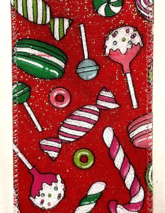 PaperMart Christmas Candy 2.5 inch - Wired Christmas Ribbon - Red Satin Glitter Ribbon with Colorful Christmas Treats - 10 Yards