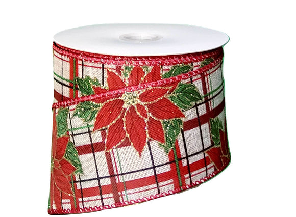 PaperMart Christmas Floral 2.5 inch Cream & Red Plaid Wired Canvas Ribbon with Beautiful Poinsettias outlined in Gold - 10 Yards