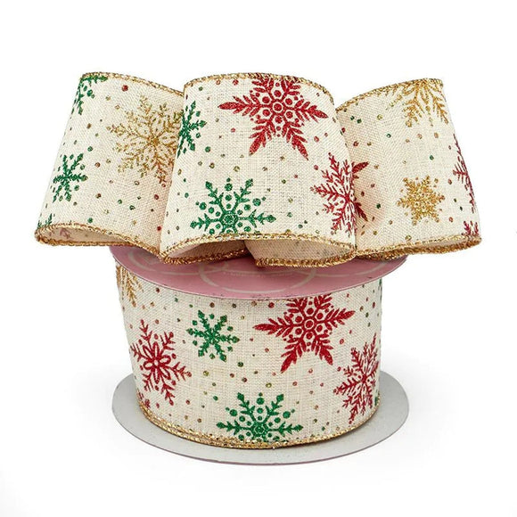 PaperMart Christmas Winter Ribbon 2.5 inch Beige Linen Ribbon with Red, Gold  & Green Christmas Snowflakes - 10 Yards