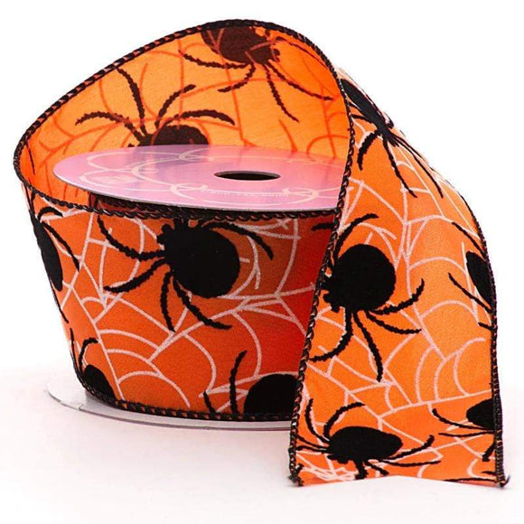 PaperMart Halloween 2.5 inch Wired Orange Satin Halloween Ribbon with White Spider Webs & Black Flocked Spiders - 10 Yards