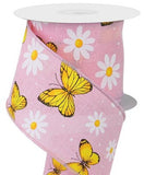 Perpetual Ribbons 2.5" Pink Canvas Ribbon with Pink Butterflies & White Daisies - 10 Yards