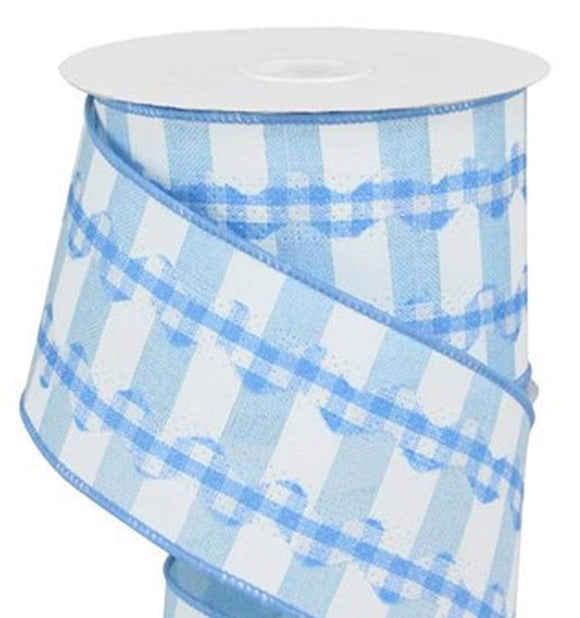 Perpetual Ribbons Checks 2.5 inch Lt Blue & White Gingham with Stripes & RicRac  on Linen Ribbon - 10 Yards