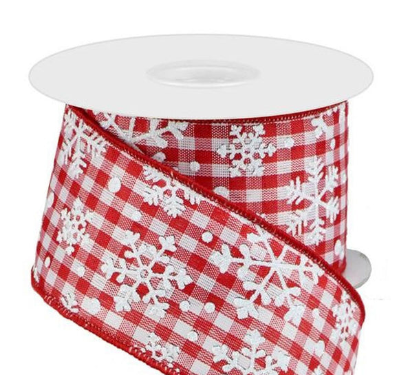 Perpetual Ribbons Christmas Checks Wired Winter Ribbon - 2.5 inch Red & White Gingham Ribbon with Falling Snowflakes - 10 Yards